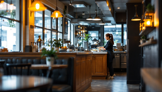 A barista prepares food behind a wooden counter in a cozy, modern café with warm lighting and large windows.
