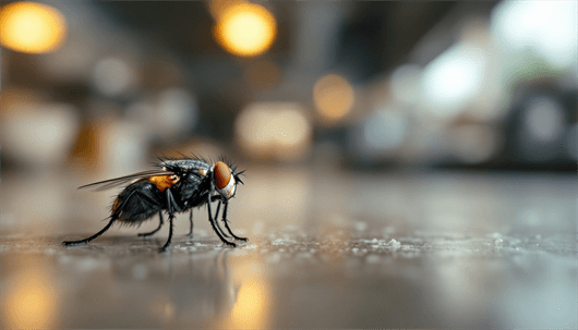 A close-up of a housefly with red eyes resting on a smooth indoor surface, with blurred background lights.