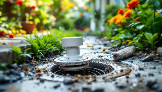 A close-up of a yard drain releasing water, surrounded by wet stones, plants, and colorful flowers in a garden walkway