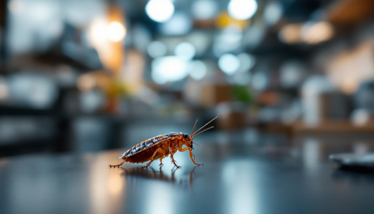 A cockroach walking across a shiny surface in a commercial kitchen with blurred lights in the background