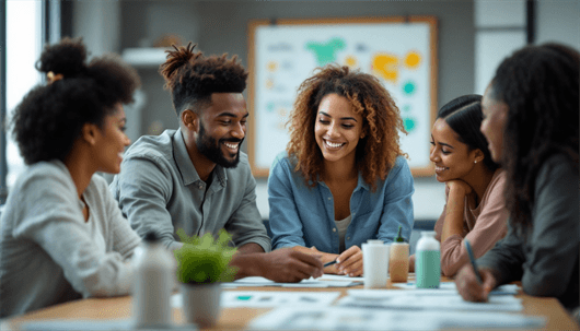 A diverse group of young professionals sit around a table, smiling and collaborating on a project in a modern office.