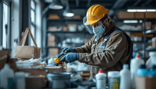 A person wearing a white hard hat with a full-face reflective visor looks down at their smartphone while standing on a sidewalk next to a brick building.