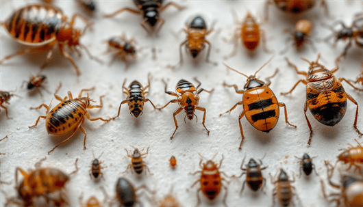 A close-up macro image showing a variety of different pest insects, such as bed bugs and beetles, on a white surface.