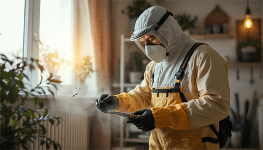 A pest-control technician in a white hazmat suit, full-face respirator, and black gloves sprays insecticide indoors near a sunlit window, with a few flying insects visible in the mist.