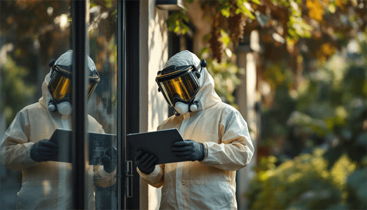 A pest control worker in full protective gear and visor using a tablet outside a building.