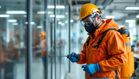 A pest control worker in orange protective gear and a hard hat prepares to spray inside a commercial building.