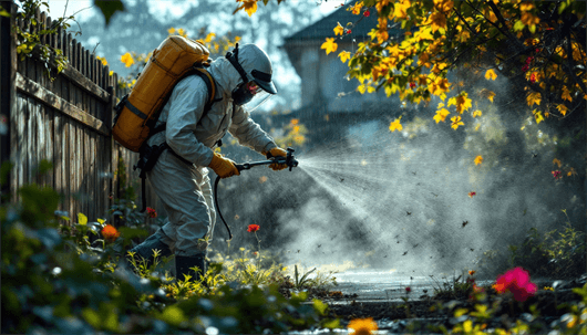 A pest control worker in protective gear sprays pesticide in a garden area with flowers and autumn leaves.