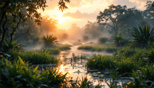 A serene wetland at sunrise, with lush greenery, mist rising from the water, and warm golden light reflecting on the surface.