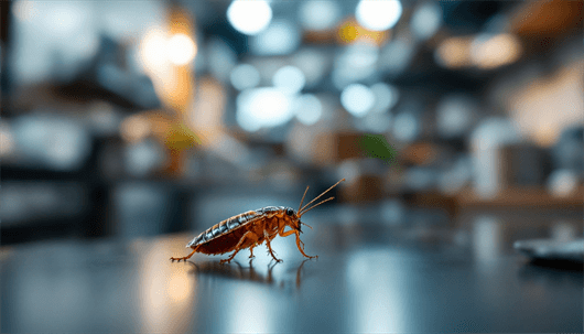 A single brown cockroach stands on a shiny kitchen countertop, sharply in focus against a softly blurred background of kitchen lights and equipment.