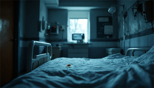 A single red bed bug crawls across the wrinkled sheets of an empty bed in a dark, cold, and dreary hospital room.