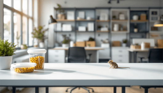 A small mouse sits on a white office desk near containers of yellow snacks, with a blurred modern office in the background.