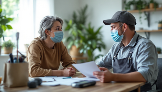 A woman and a worker wearing face masks sit at a table, reviewing paperwork together.