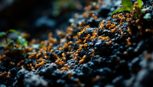Close-up of a large group of red ants crawling over dark soil in a natural outdoor environment