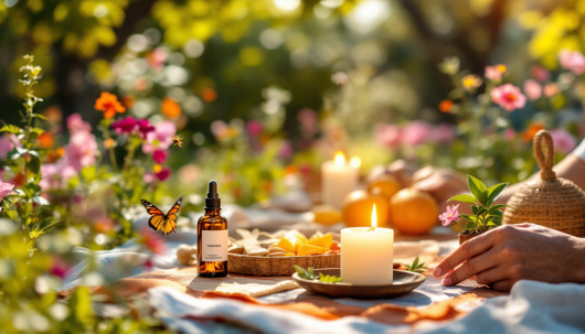Bright garden picnic with a dropper bottle of essential oil, lit candle, fruit platter, and a monarch butterfly hovering among colorful flowers.