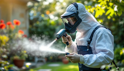 A pest control exterminator wearing a protective suit, face shield, and yellow gloves uses a long spray wand to treat an insect infestation on an indoor white wall.