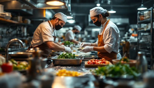 Chefs wearing masks and brown aprons prepare herbs and vegetables at a crowded stainless prep counter