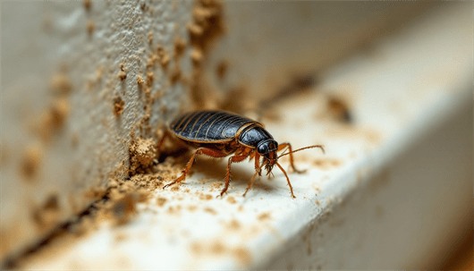 Close-up of a bed bug crawling on a dusty, dirty surface near a wall.