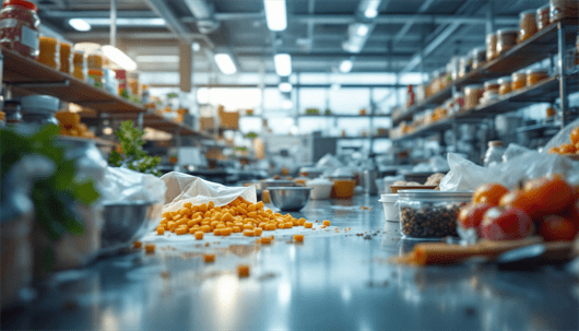 Close-up of a commercial kitchen worktop with diced yellow vegetables spilling from an open bag, surrounded by fresh produce and metal bowls