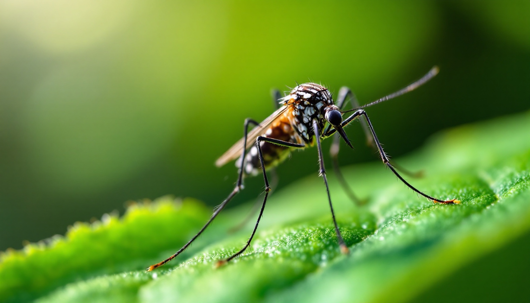 Close-up of a mosquito on a green leaf, with sharp focus on its body and legs against a blurred background.
