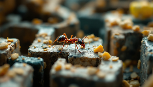 Close-up of a red ant navigating crumb-covered stone tiles