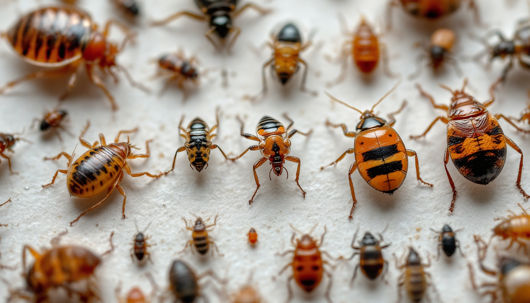 Close-up of mixed crawling insects—bedbugs, beetle-like pests and larvae—scattered across a white surface, highlighting common household infestations.