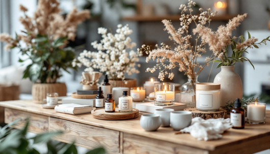 A cozy, rustic display of candles, essential oils, ceramics, and dried floral arrangements on a wooden table in a bright, softly lit room