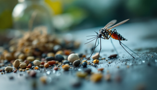 Macro shot of a mosquito standing on rain-soaked ground, with blurred green foliage and falling raindrops in the background