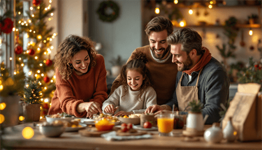 Family gathered around a table enjoying holiday food together beside a decorated Christmas tree.