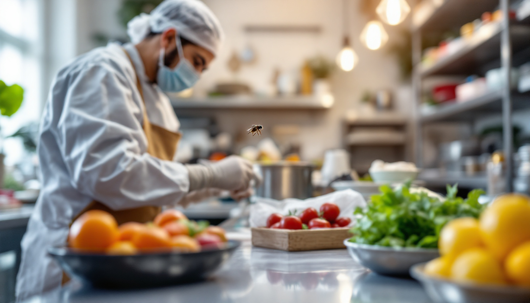Fly hovering over a stainless worktable while a masked chef preps fruits and vegetables in the background.