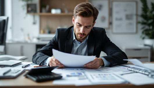 Focused businessman in a suit reviews printed financial charts at a desk cluttered with reports, calculator, and pen