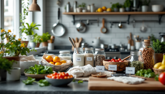 A bright, cozy kitchen counter filled with fresh vegetables, labeled jars, herbs, and citrus fruits, creating a rustic and inviting food prep scene