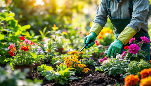 A gardener wearing green gloves is tending to a colorful flower bed with vibrant blooms in a sunny outdoor garden.