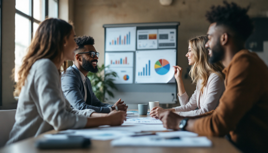 Four colleagues—two men and two women—sit around a conference table strewn with papers and coffee mugs, animatedly discussing bar and pie charts displayed on a flip-chart behind them