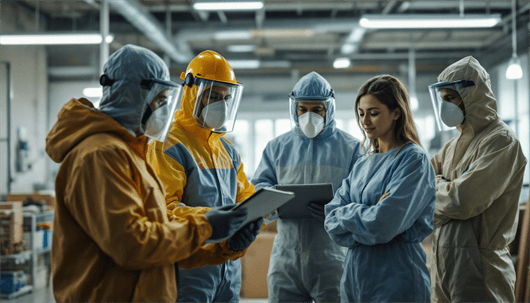 Group of masked technicians in full protective suits and helmets reviewing tablets inside an industrial facility.