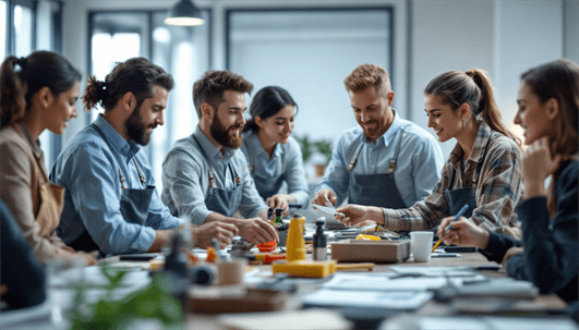 Group of people in aprons sitting around a table, collaborating on a project.