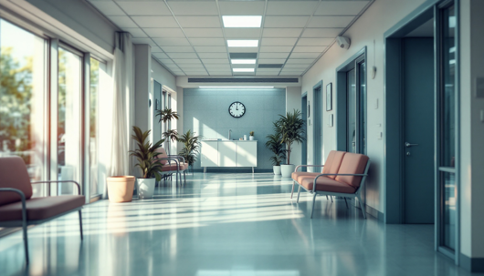 Bright hospital corridor with large windows, pastel waiting benches, and potted plants leading to a reception desk and wall clock