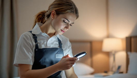 Hotel housekeeper in uniform examines bedding with a flashlight-sized magnifier under warm bedside lighting.