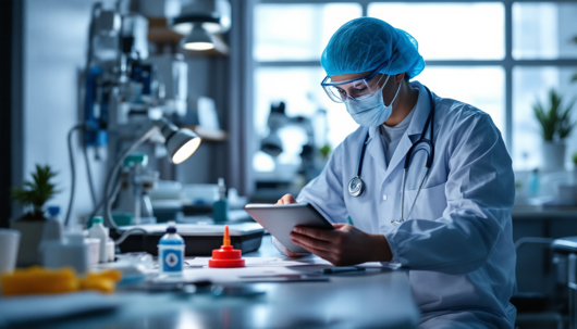 A doctor in a lab coat, mask, and surgical cap uses a tablet in a modern laboratory filled with medical equipment and supplies