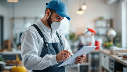 A pest control technician wearing a face mask and blue cap takes notes on a clipboard in a clean, well-lit workspace.