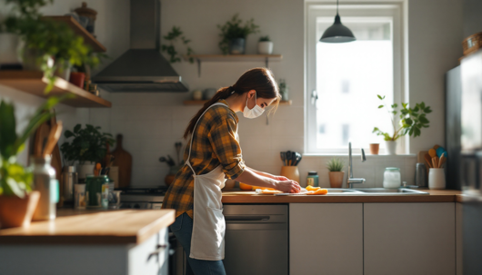 Woman wearing a mask and apron chopping vegetables in a bright, modern kitchen with natural light and indoor plants