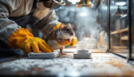 Lab technician wearing yellow gloves gently holds a brown-and-white rat on a test bench beside small lab equipment and scattered pellets.