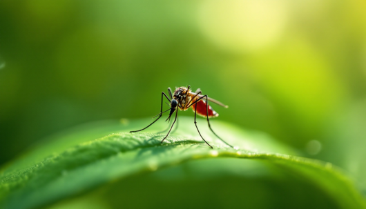 Macro of a mosquito with a blood-filled abdomen standing on a dewy green leaf, blurred green background.