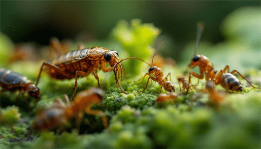 Macro shot of cockroach-like insects interacting on green moss.