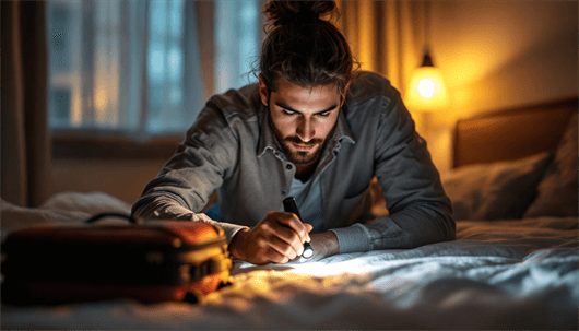 Man inspecting bed with flashlight in a dimly lit hotel room, checking for pests.