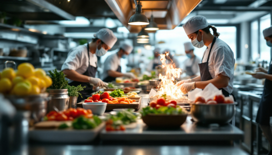 Masked chefs in a bustling commercial kitchen cook amid vibrant produce, with one chef creating a dramatic pan flame.