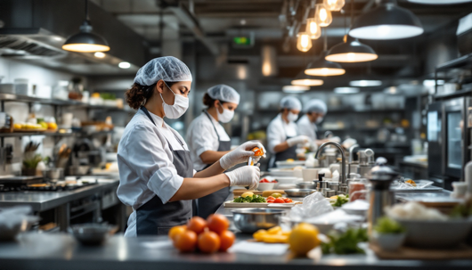 Masked kitchen staff in hairnets and gloves prepping fresh produce at a long stainless-steel counter.