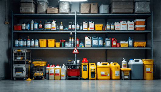 Metal warehouse shelves stocked with labeled chemical drums, jugs, yellow bins, and a small hazard sign.