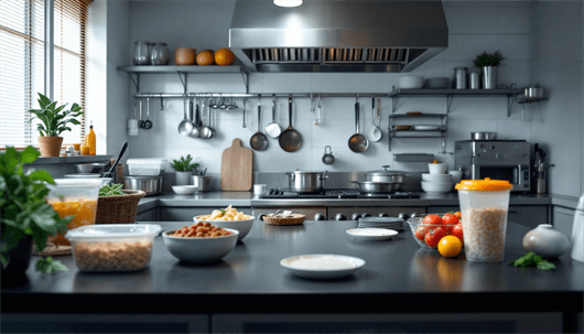 Neat commercial kitchen with stainless appliances and bowls of prepped ingredients arranged on a central island.