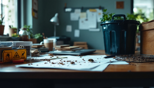 Office desk strewn with crumbs and a few cockroaches, surrounded by pest-warning labels, bins, and scattered supplies