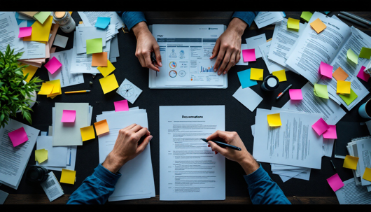 Overhead view of a cluttered desk during a team meeting, with two people reviewing charts and documents amid colorful sticky notes and scattered papers.